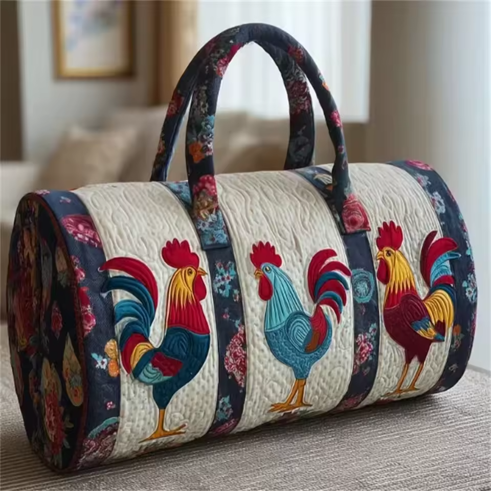 Soft travel bag with rooster print, padded fabric and rounded double handles