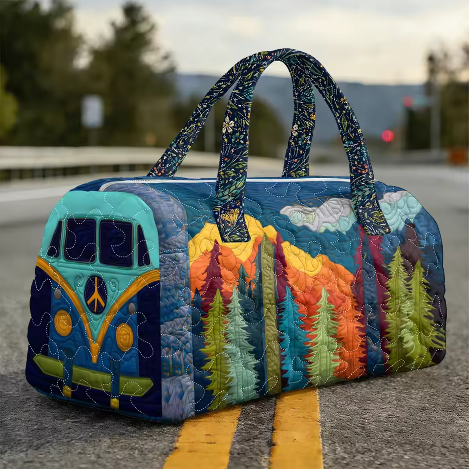 Quilted patchwork soft travel bag with multicolor cityscape and tree panels