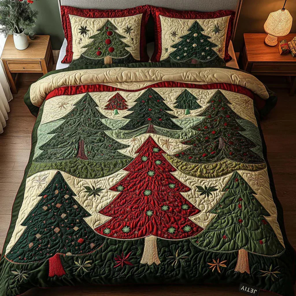 Quilted bed set comforter with forest tree patchwork in green and red on cream base.