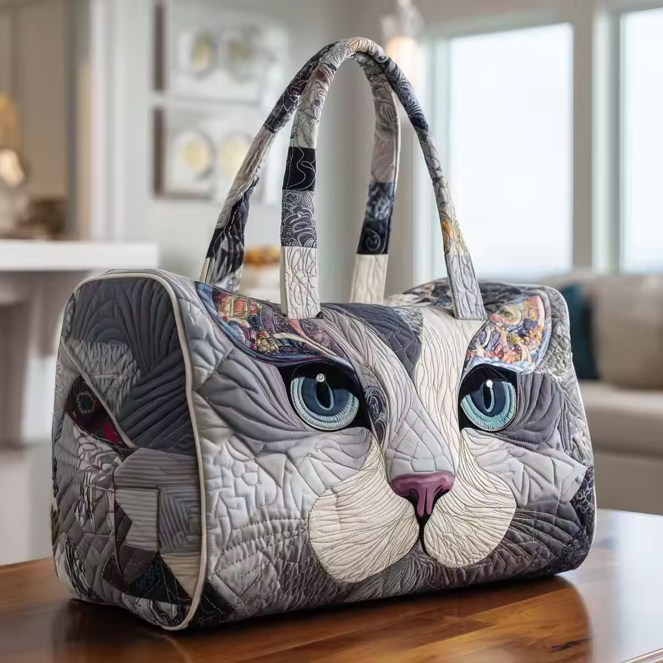 Quilted soft travel bag shaped like a smiling cat, with fabric handles and front face detail.