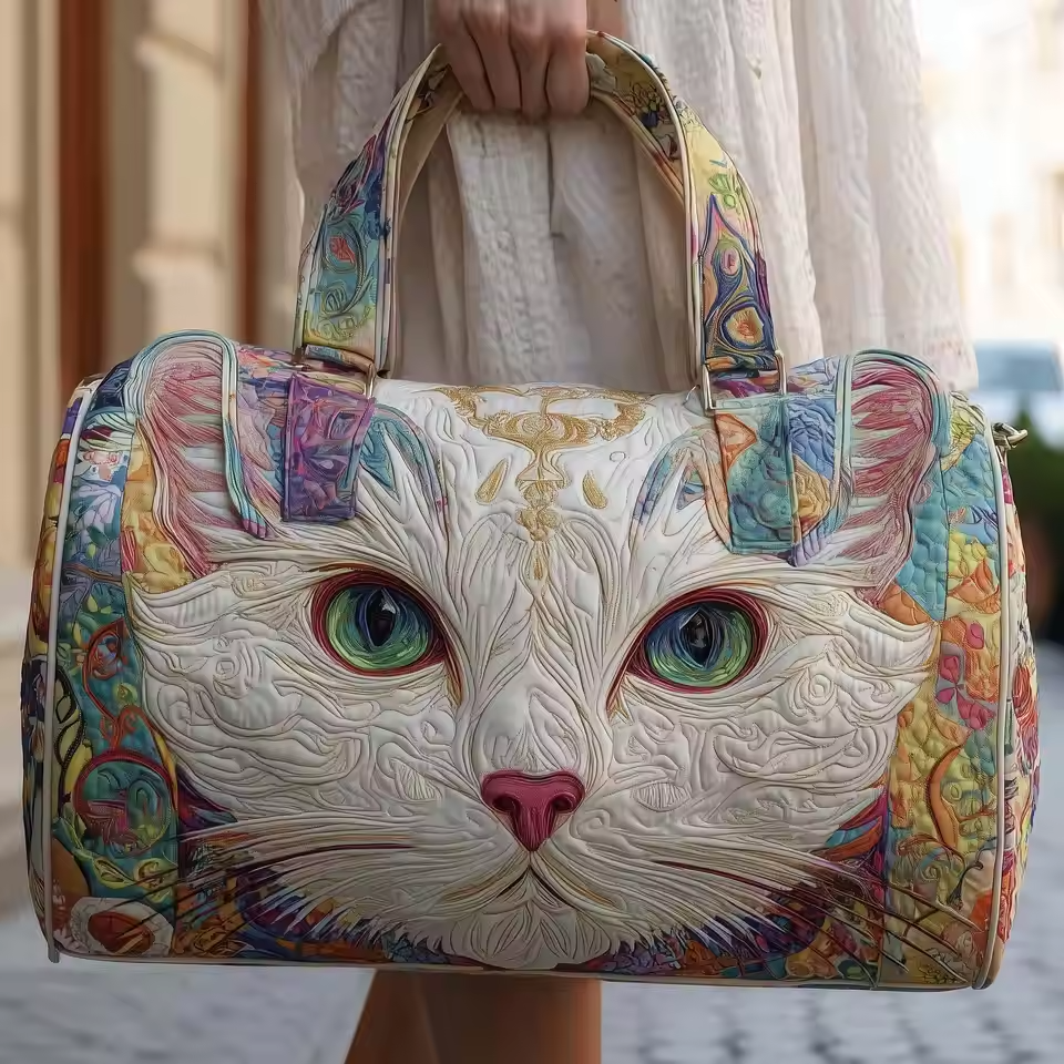 Soft travel duffel bag with colorful cat-face embroidery and quilted front panel
