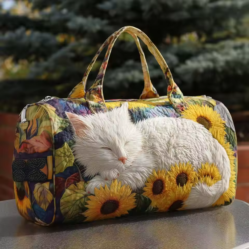 Artisan soft travel bag with white faux-fur cat face and sunflower floral print