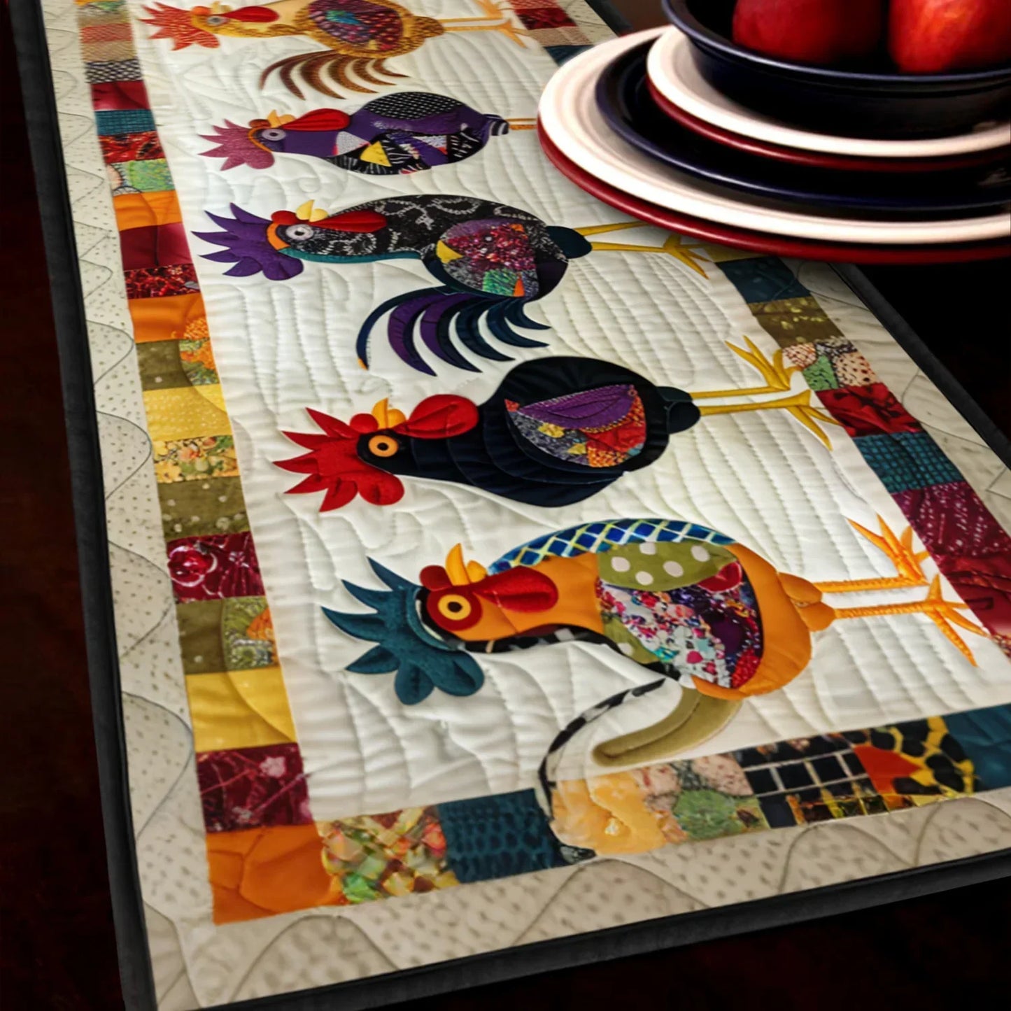 Quilted table runner with colorful rooster appliques on white and patchwork border