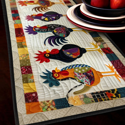 Quilted table runner with colorful rooster appliques on white and patchwork border