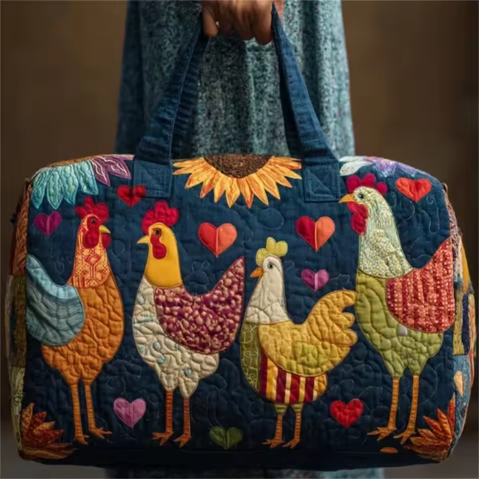 Artisan travel tote with colorful embroidered chicken and heart quilted design