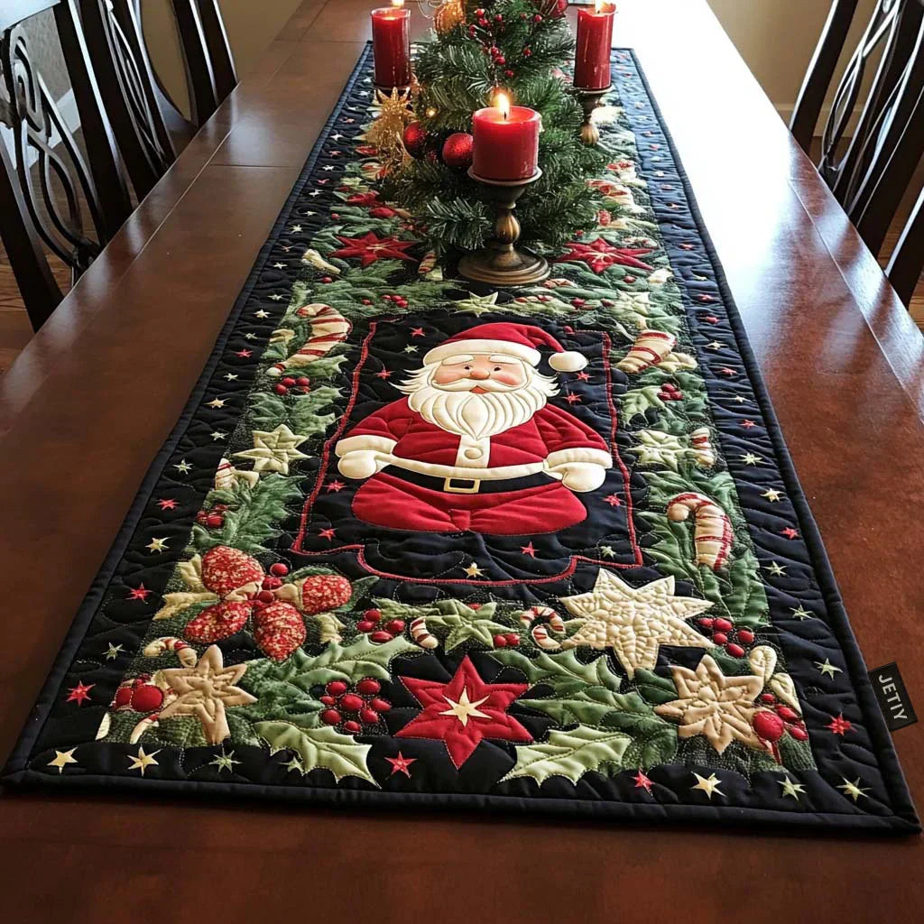 Quilted Christmas table runner with Santa and holly star appliques on dark navy