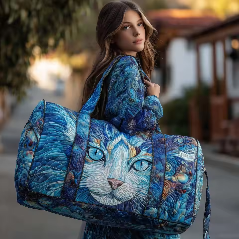 Artisan soft travel bag with blue cat face print and quilted sides, top handle and zipper