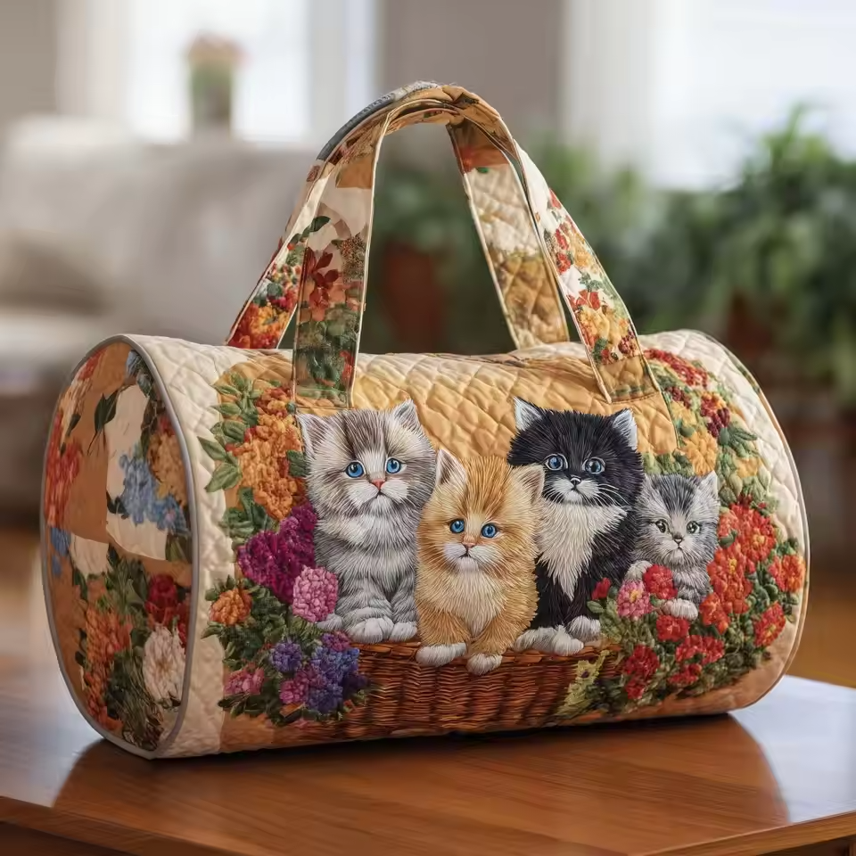 Quilted soft travel bag with cat and floral embroidery, rounded duffel shape and top handle