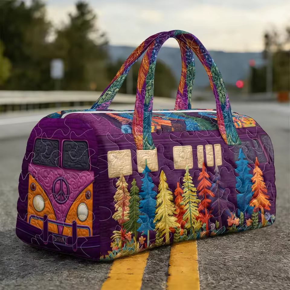 Quilted soft travel bag, purple with colorful tree patchwork and padded top handles