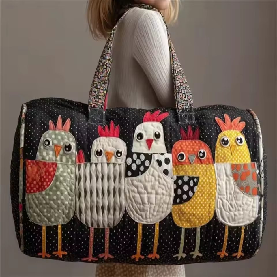 Soft quilted travel bag with colorful bird applique and sturdy top handles