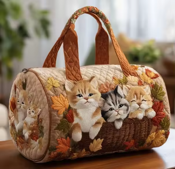Artisan crafted soft travel bag with rounded shape, quilted fabric, leaf print, handles