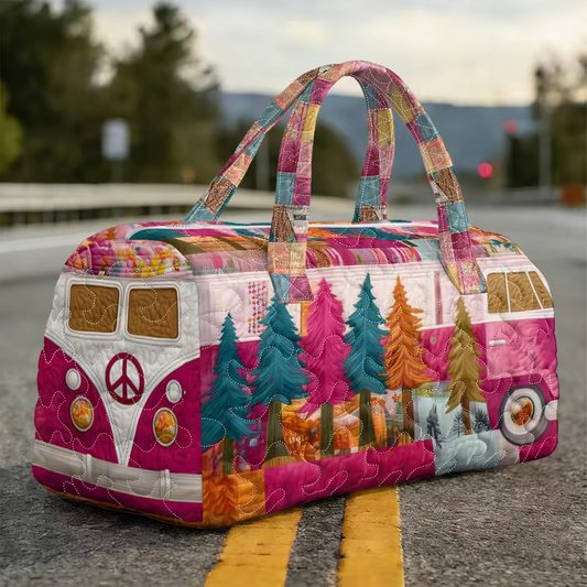 Quilted travel tote with multicolor patchwork houses, trees, and peace symbol on front
