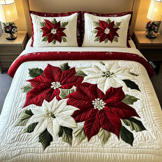 3-Piece Quilted Bed Set - Winter Poinsettia Design Margaret York