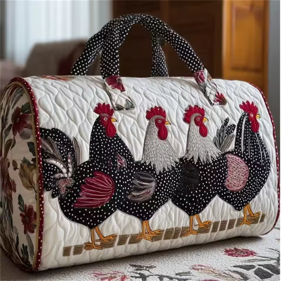 Quilted soft travel bag with chicken appliqué and black polka dot handles