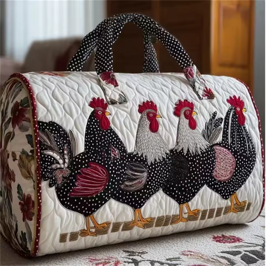 Quilted soft travel bag with chicken appliqué and black polka dot handles