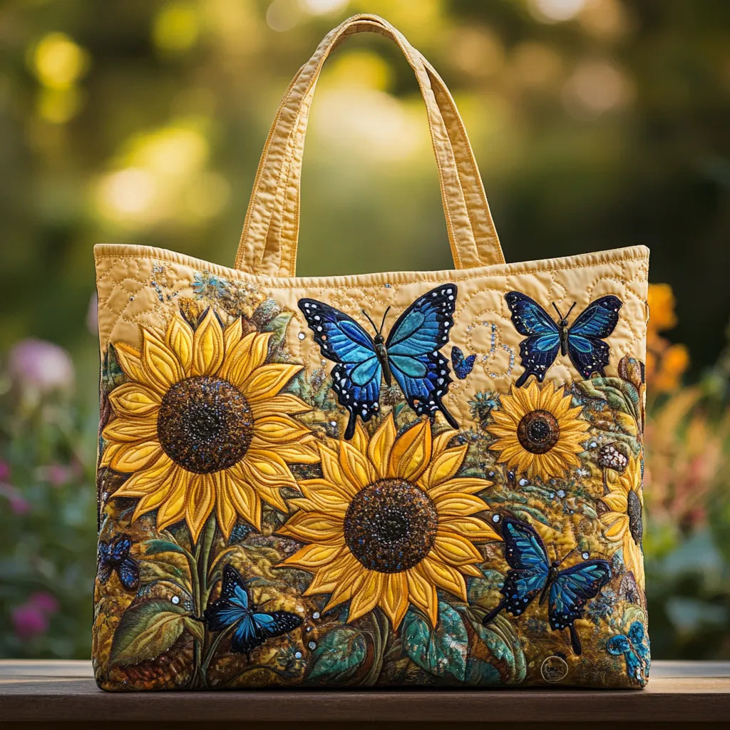 Handcrafted tote bag with sunflower embroidery and blue butterfly appliques