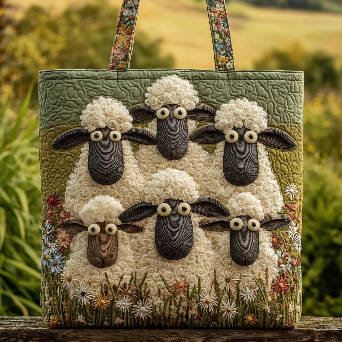 Olive quilted tote bag with appliqued sheep faces and fabric handles
