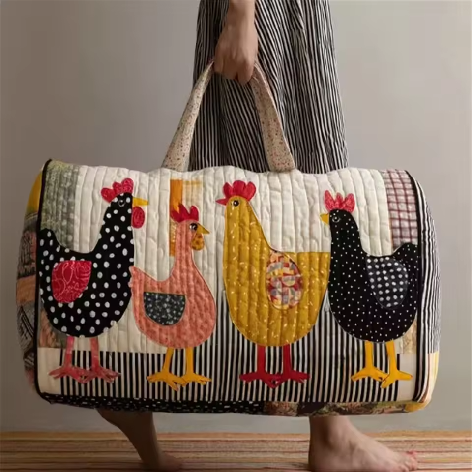 Quilted soft travel bag with rooster chicken patchwork and striped sides, top handles