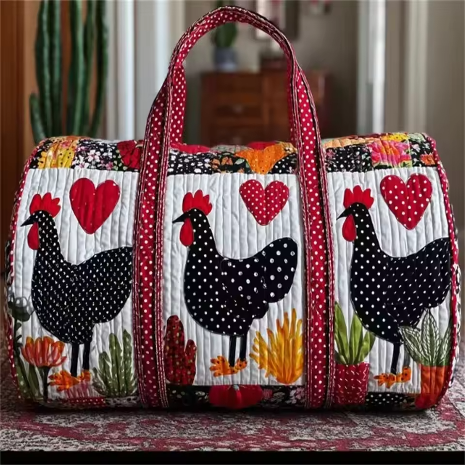Collins quilted soft travel bag with chicken patchwork, red heart accents, rounded top handles