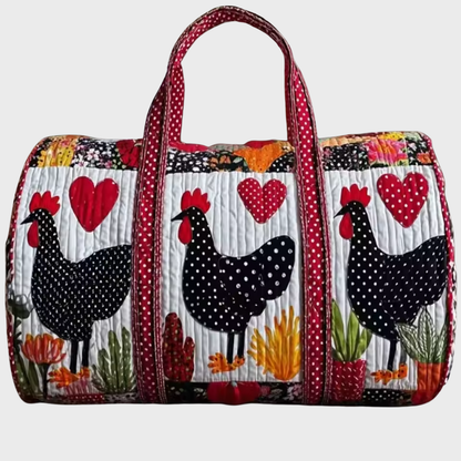 Collins artisan soft travel bag, quilted patchwork chickens, top handle, red polka-dot trim