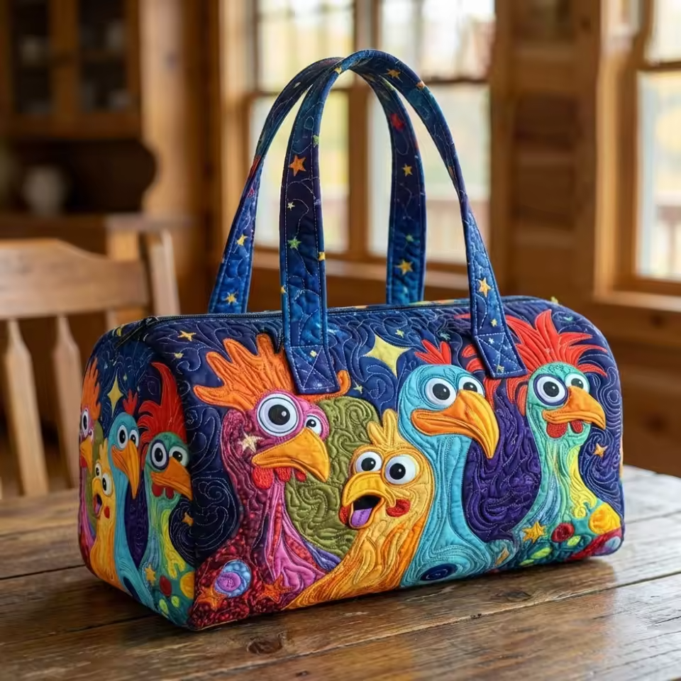 Artisan soft travel bag with colorful cartoon bird pattern and top handles