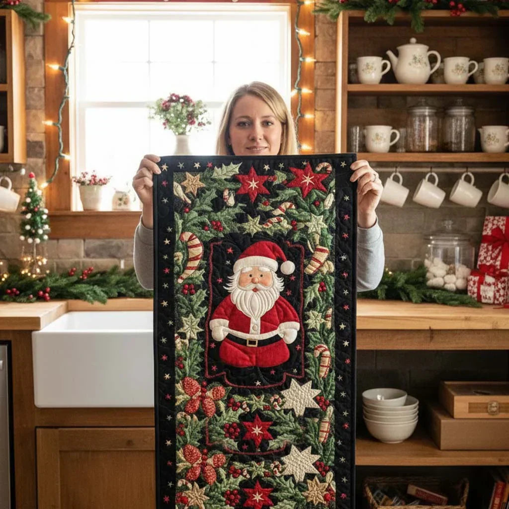 Quilted table runner featuring Santa face, holly, and stars on dark navy fabric
