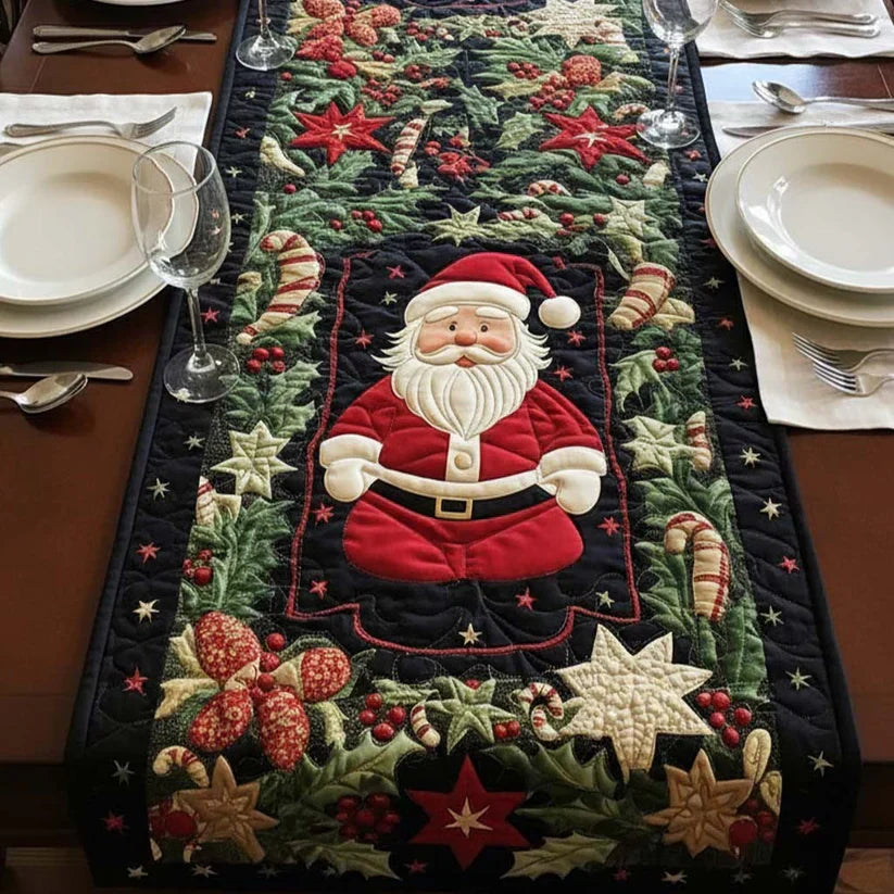 Quilted table runner with Santa center panel and star motifs on dark navy background