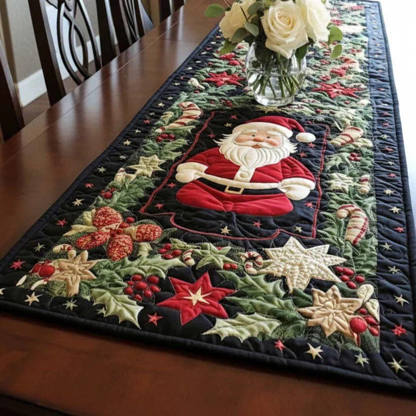 Quilted Santa table runner with holly leaves and stars, stitched edges, dark navy