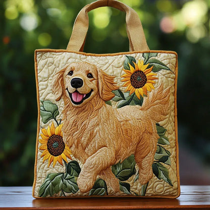 Handcrafted golden retriever tote bag, quilted cream fabric with sunflower print and handles
