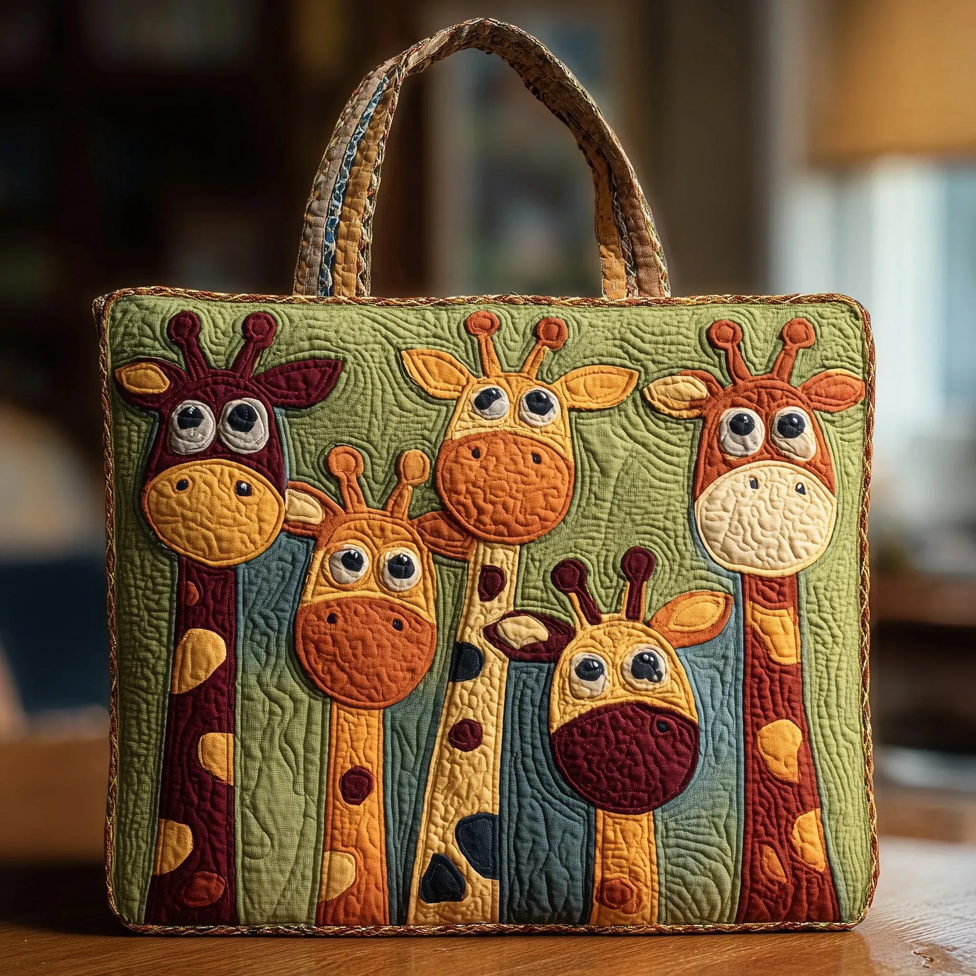 Handcrafted quilted bag with brown handles, green giraffe applique patchwork front