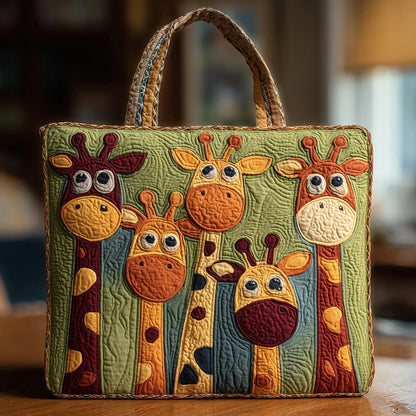 Handcrafted quilted bag with brown handles, green giraffe applique patchwork front