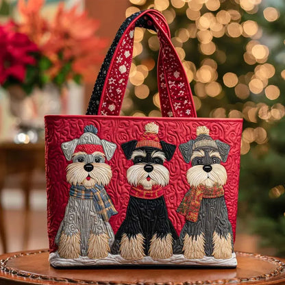 Red quilted handbag with three embroidered puppy faces and red top handles