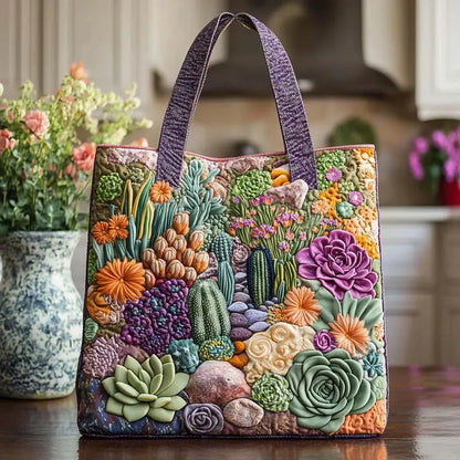 Handcrafted succulent tote bag with embroidered multicolor cactus and flower design