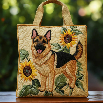 Quilted tote bag with German Shepherd and sunflower embroidery