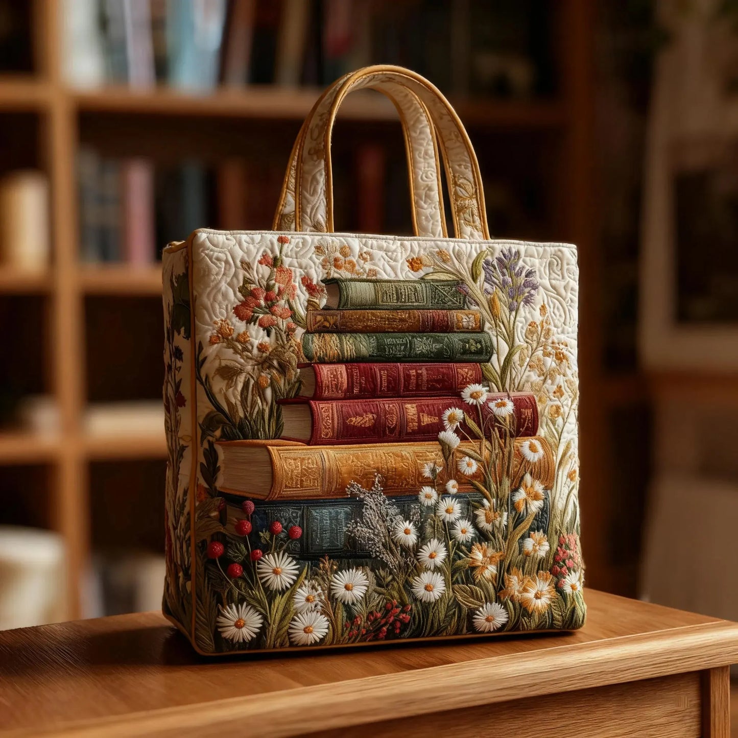 Embroidered tote bag with stacked-book floral scene and tan leather-look handles