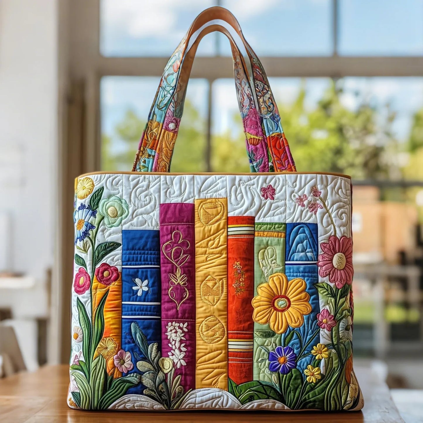 Quilted floral patchwork handbag with brown leather handles, multicolor vertical panels.