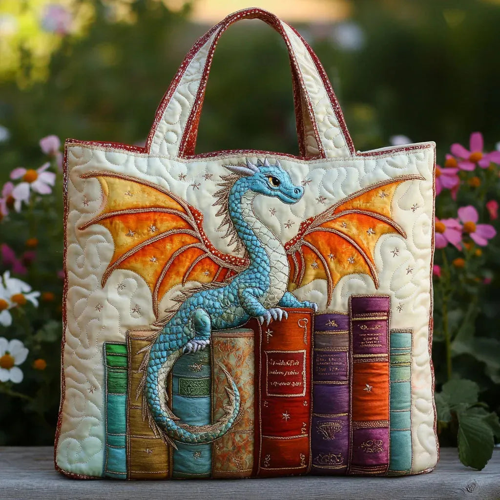 Embroidered quilted tote bag with blue dragon and colorful books, maroon handle straps