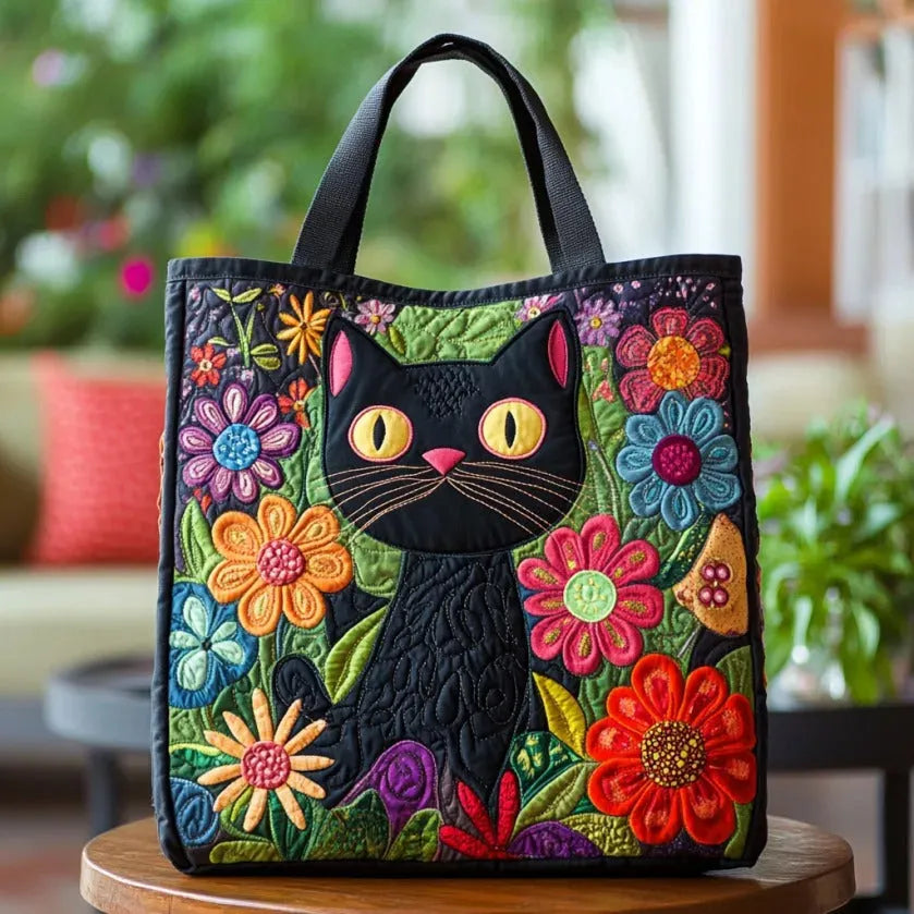 Handcrafted cat tote bag with black cat and colorful floral embroidery