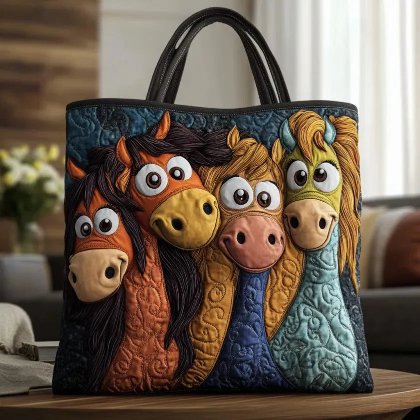 Handcrafted tote bag with colorful pony face applique and black top handles