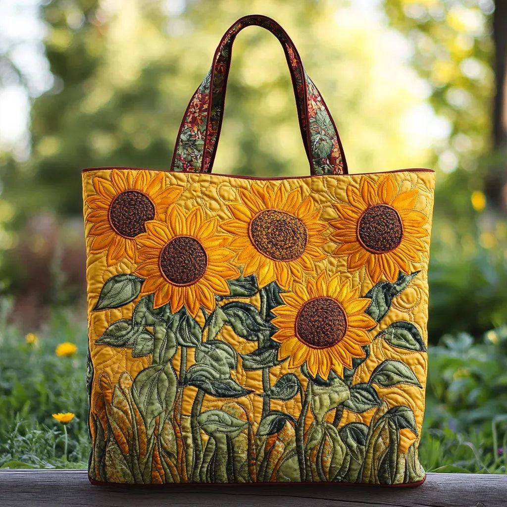 Sunflower quilted tote bag with dark-center blooms, green leaves, and sturdy top handles