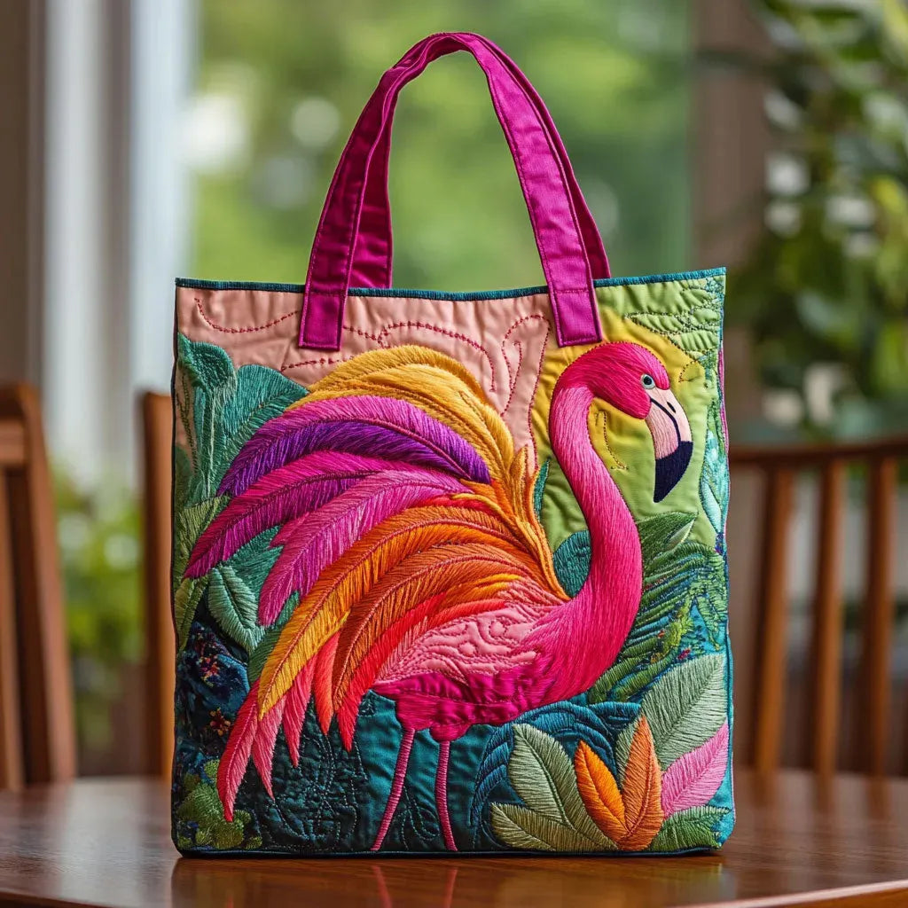 Handcrafted fabric tote bag with embroidered flamingo and rainbow feathers, pink handles
