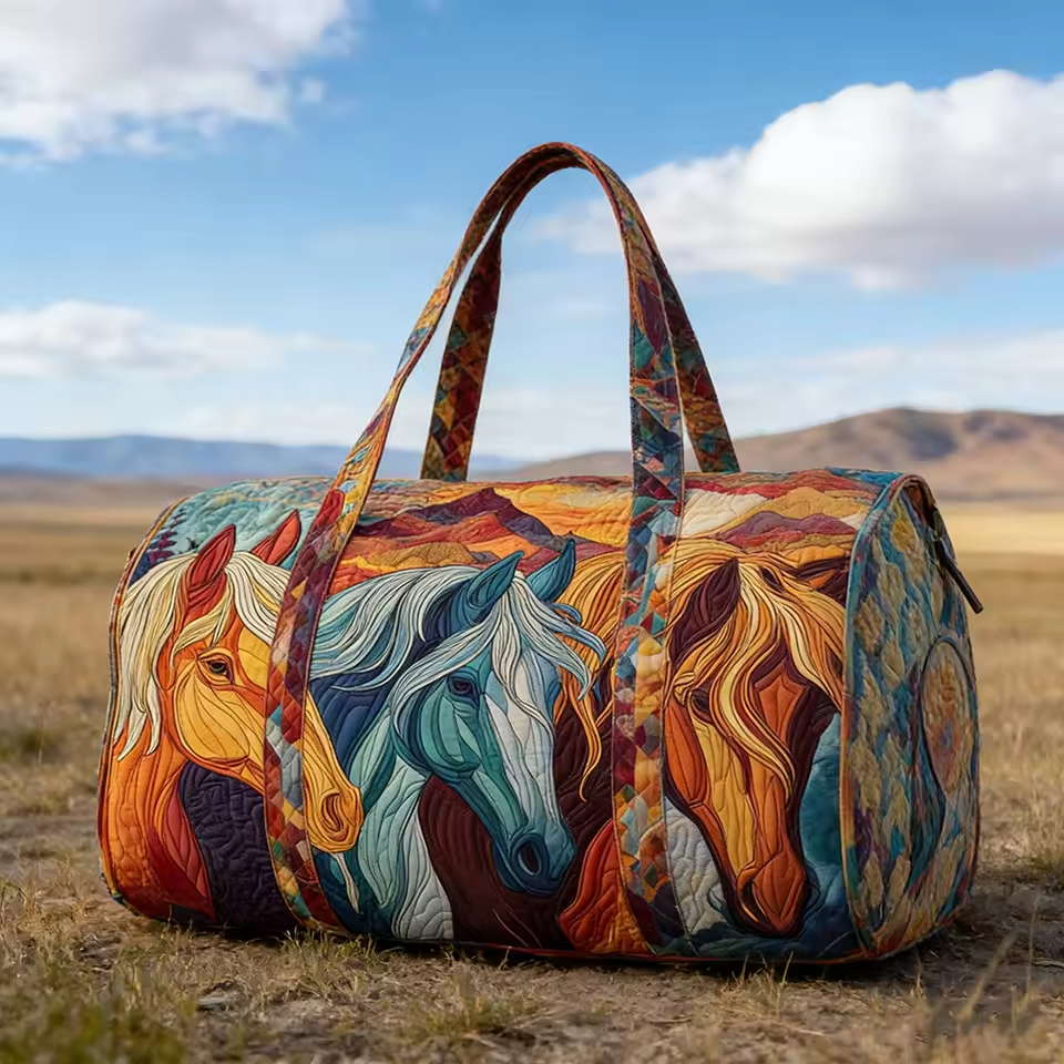 Multicolor horse-print soft travel duffel bag with top handles and side pockets
