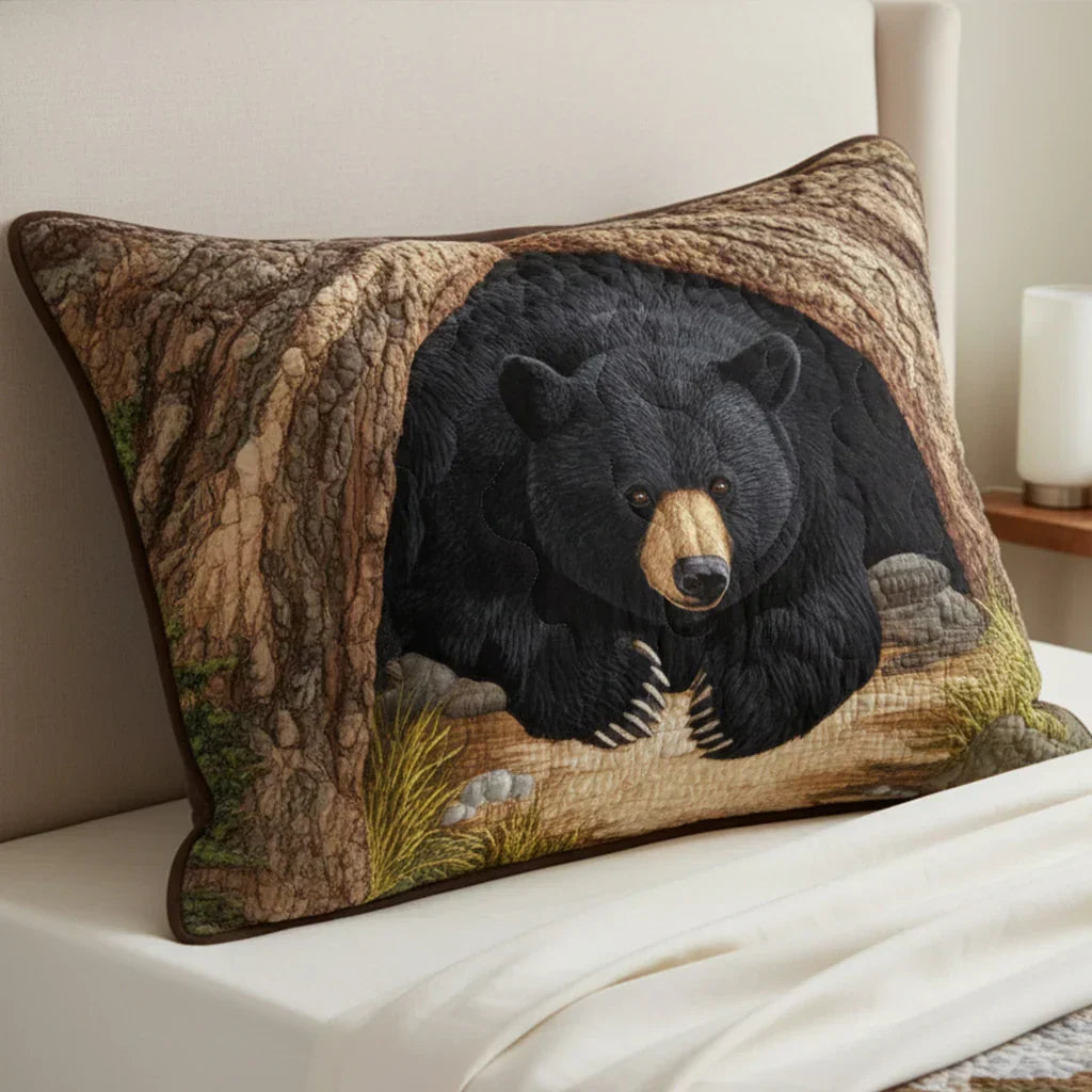 Quilted bear-themed cushion cover with black bear face and beige border