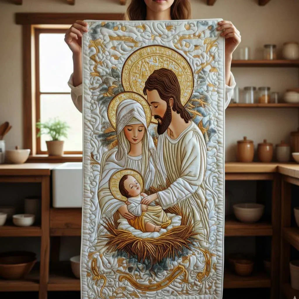 Quilted nativity table runner showing Mary, Joseph, and baby in gold halo details