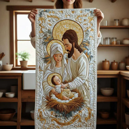 Quilted nativity table runner showing Mary, Joseph, and baby in gold halo details