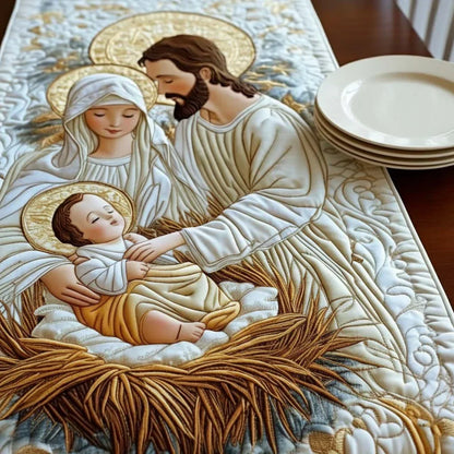 Quilted nativity table runner close-up of Mary and Joseph holding the baby in straw