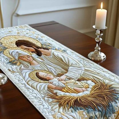 Quilted nativity table runner laid on table with embroidered Holy Family scene