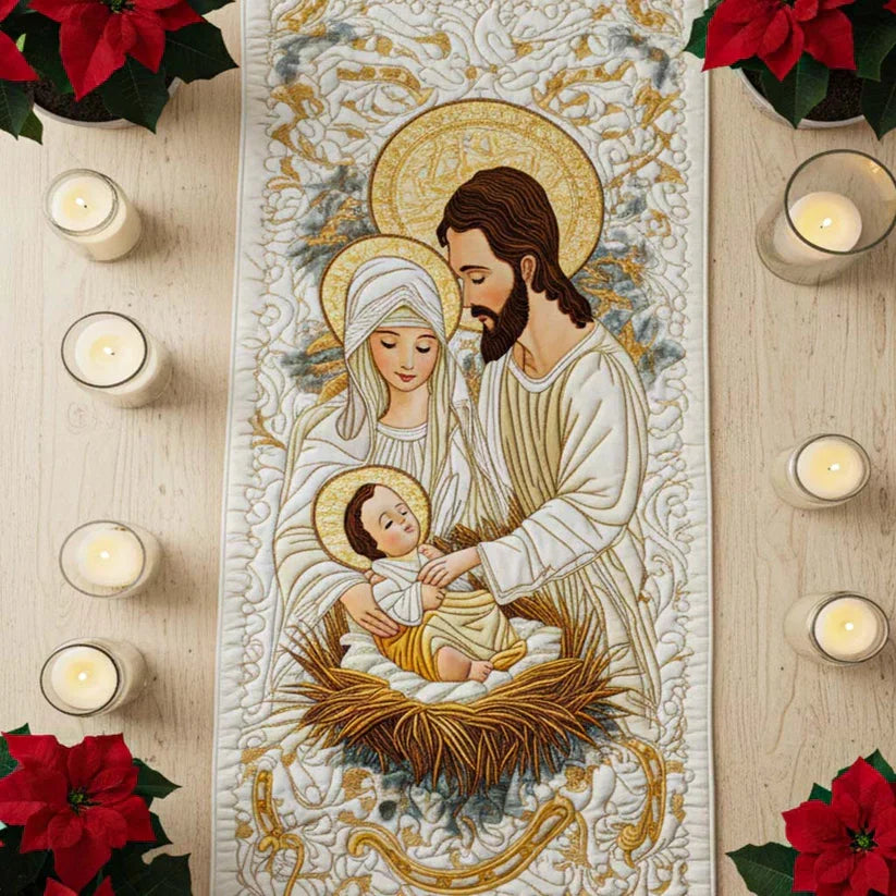 Quilted nativity table runner standing display with embroidered Mary, Joseph, and baby