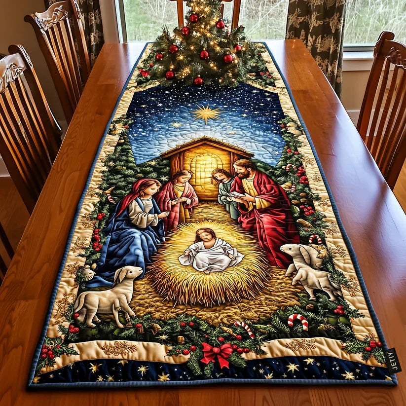 Quilted table runner with nativity scene, star, animals, and evergreen border