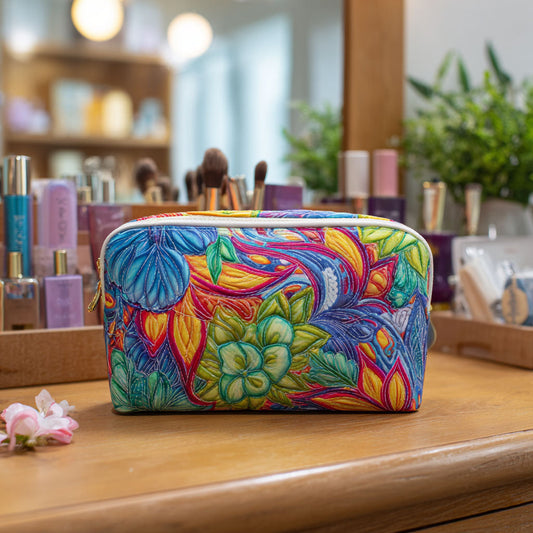Quilted makeup bag with colorful floral vine print and top zipper